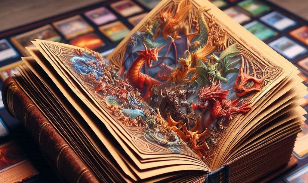 Dragons and creatures flying out of a book surrounded by playing cards on a card playing mat.